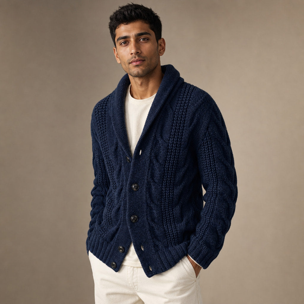 Cable Knit Cardigan Shawl Collar Marine Blue – Side Angle View