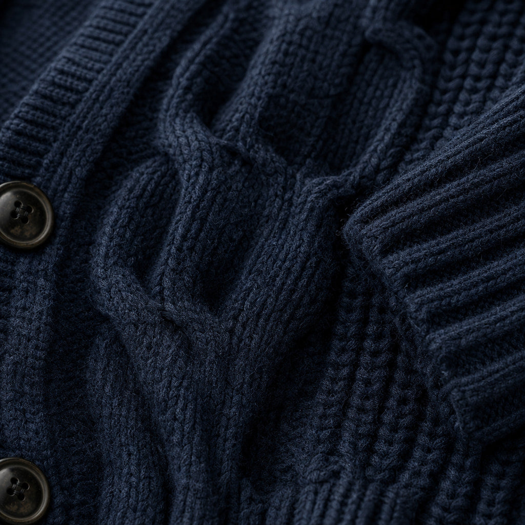 Cable Knit Cardigan Shawl Collar Marine Blue – Fabric and Detail Close-Up
