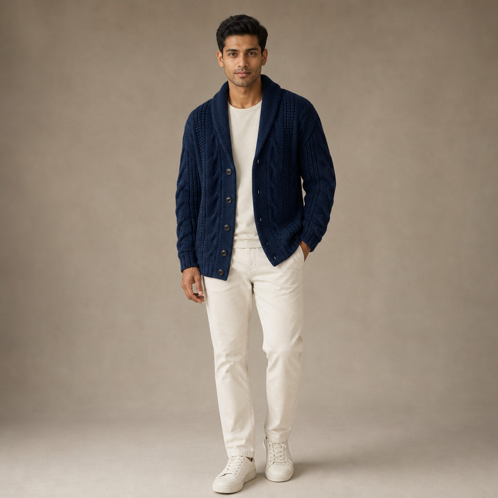 Cable Knit Cardigan Shawl Collar Marine Blue – Full Look