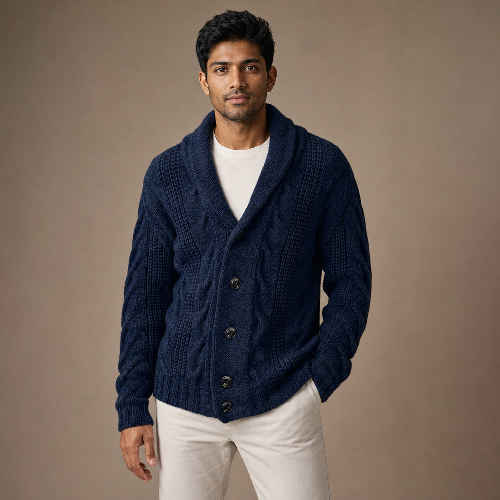 Cable Knit Cardigan Shawl Collar Marine Blue – Product Photo