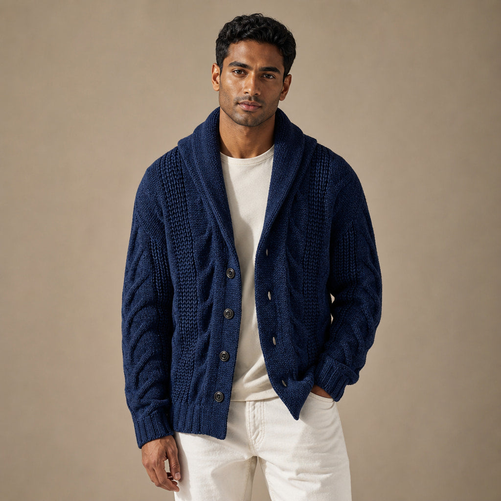 Cable Knit Cardigan Shawl Collar in Marine Blue – Tomosino Premium Menswear