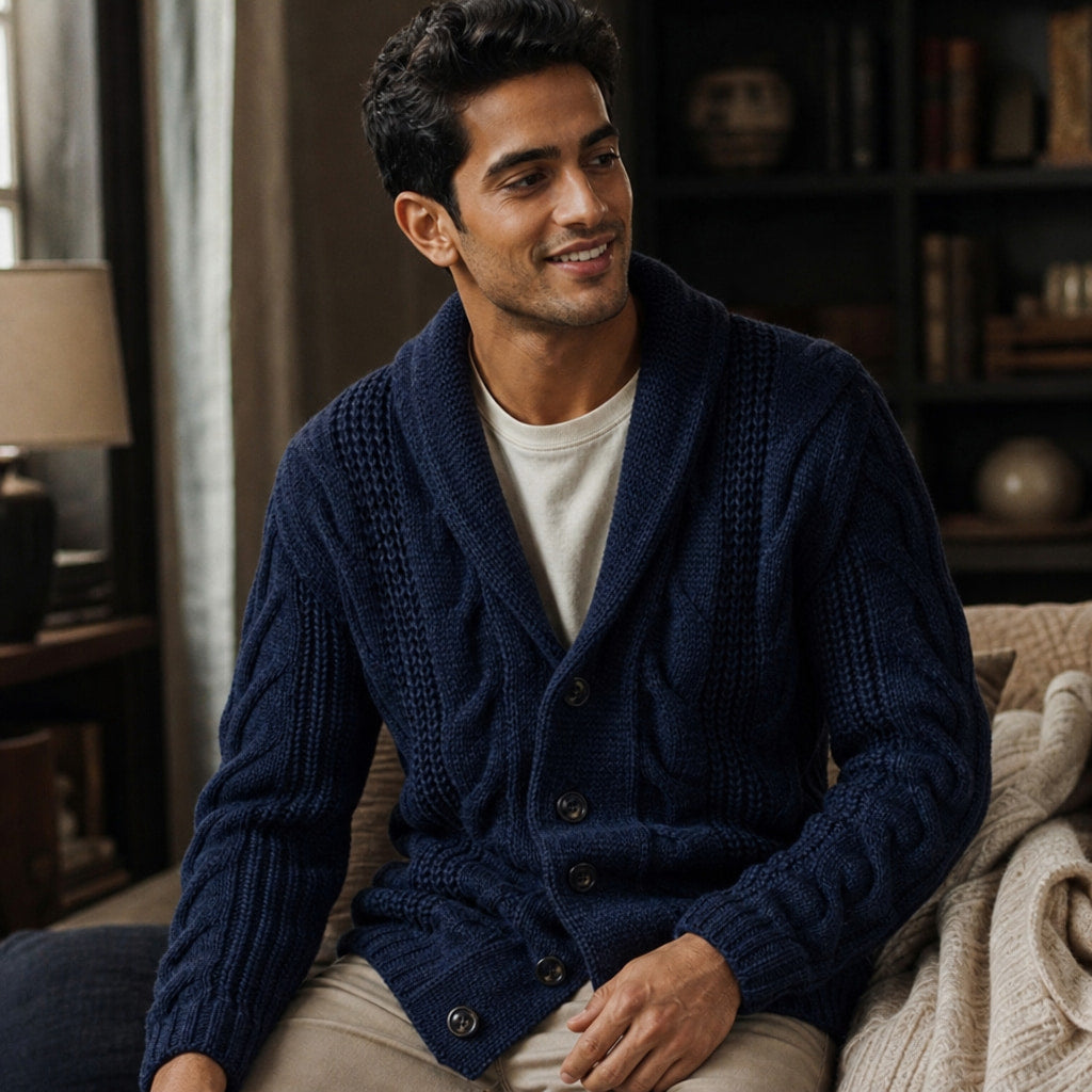 Cable Knit Cardigan Shawl Collar Marine Blue – Styled Editorial Shot