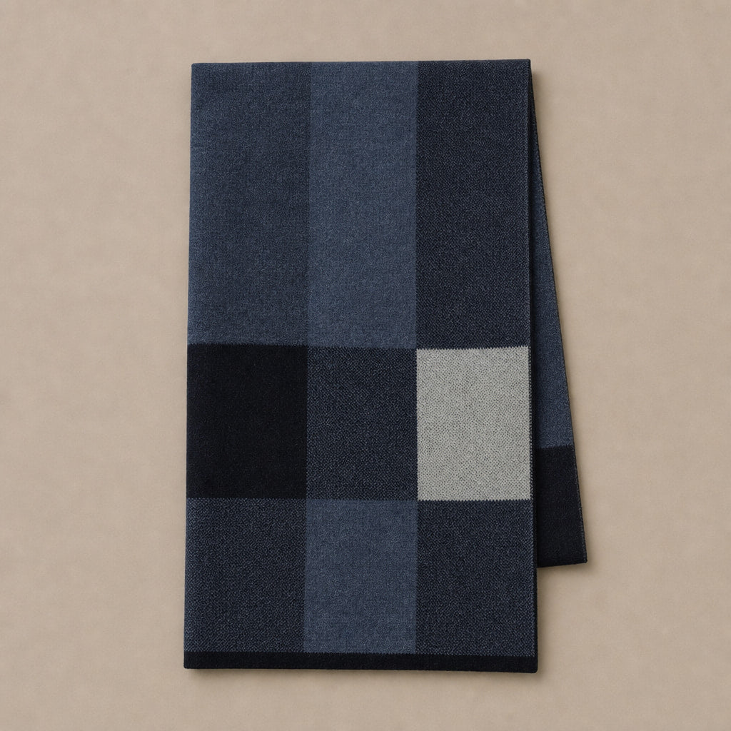 Plaid Scarf Knitted Wool Dark Blue – Product Photo