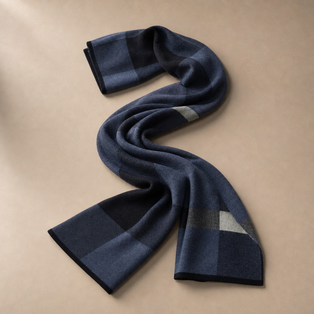 Plaid Scarf Knitted Wool in Dark Blue – Tomosino Premium Menswear