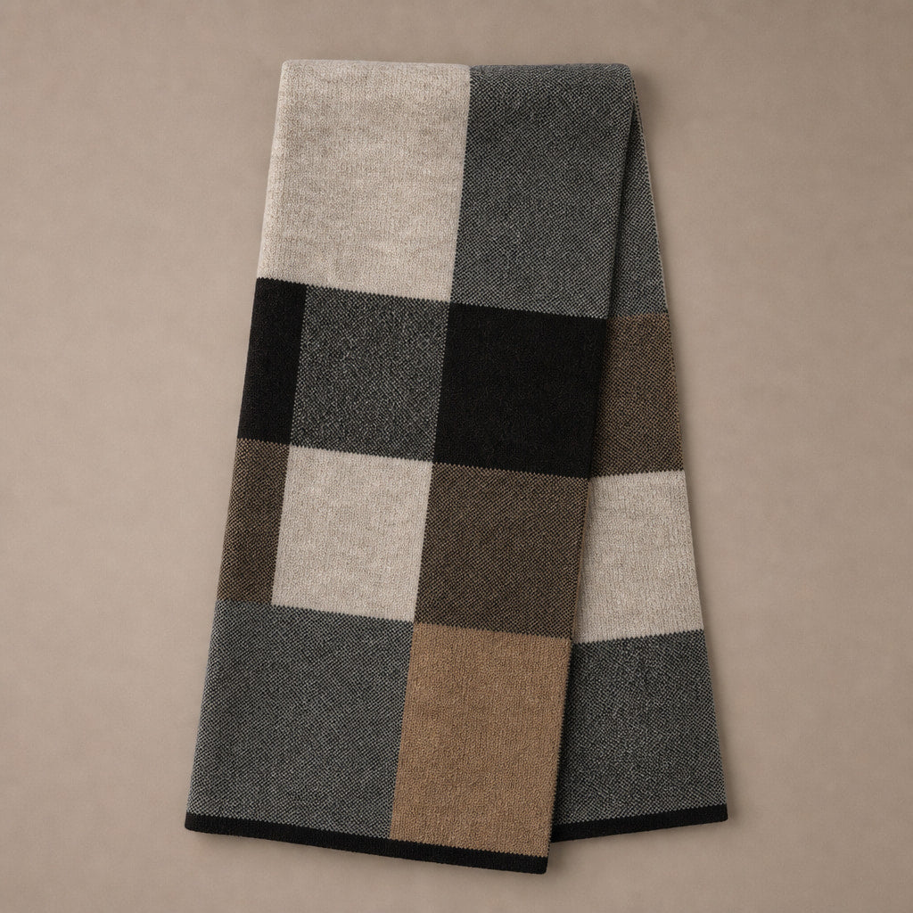 Plaid Scarf Knitted Wool Khaki – Product Photo
