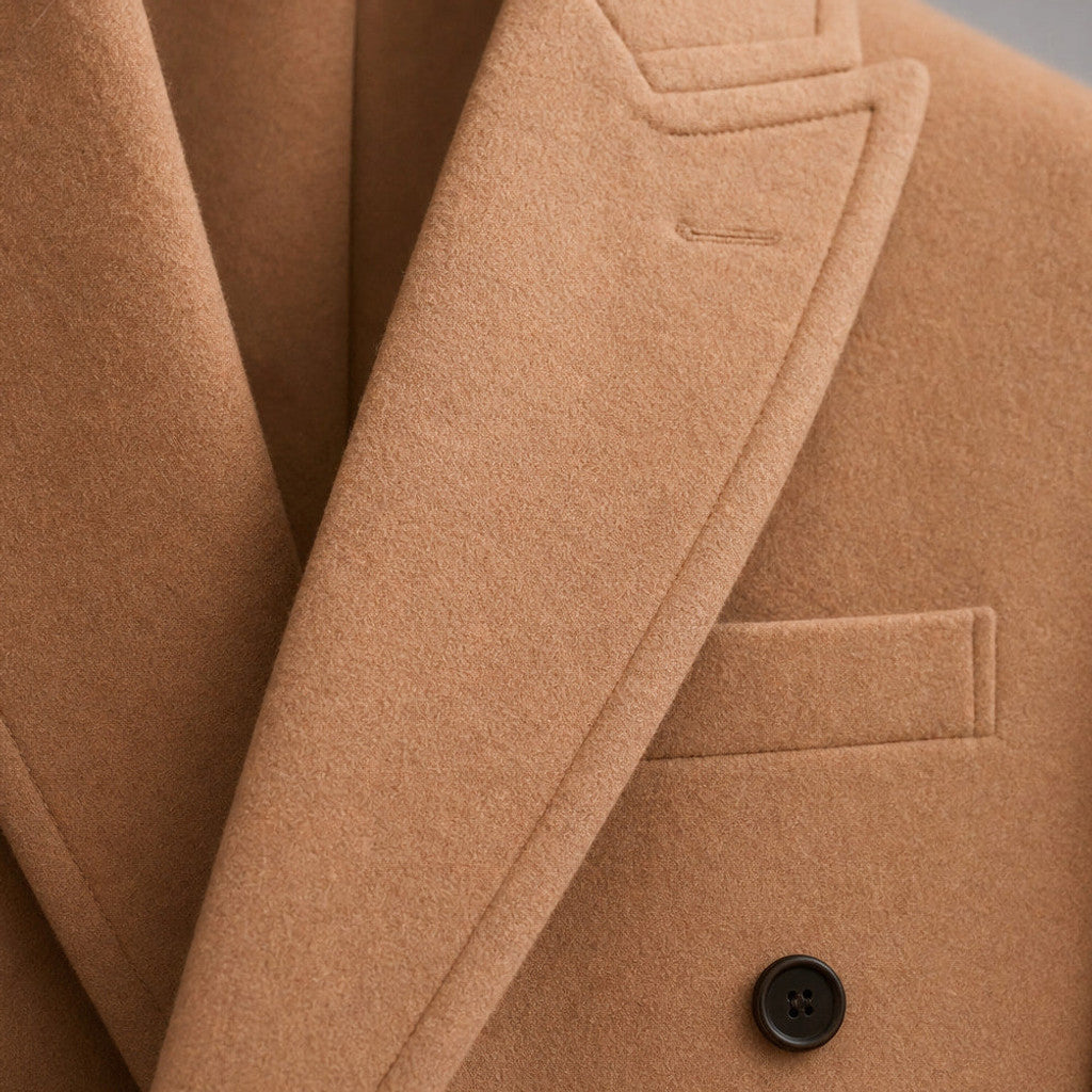 Nimbus | Double Breasted Overcoat Wool Tan Tan – Fabric and Detail Close-Up