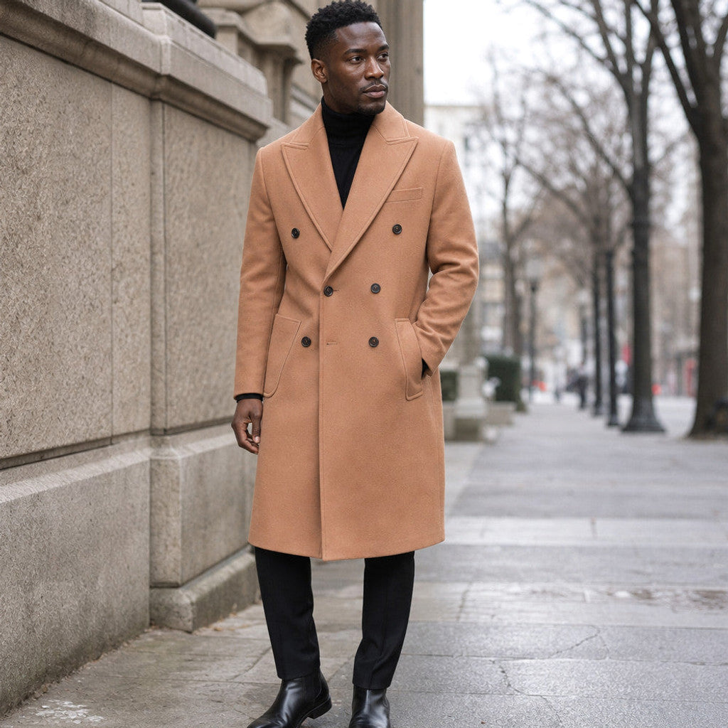 Nimbus | Double Breasted Overcoat Wool Tan Tan – Styled Editorial Shot