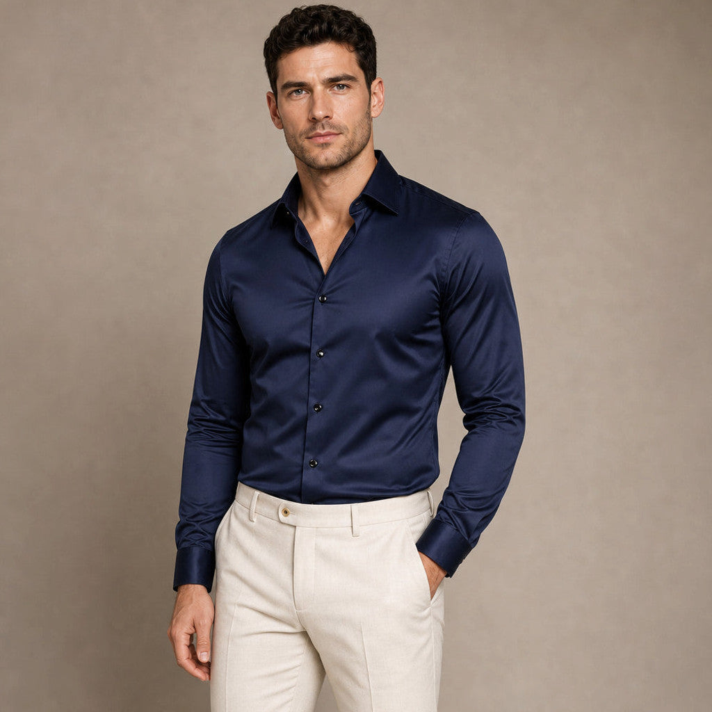 Norvane | Dress Shirt Slim Fit Stretch Navy – Side Angle View