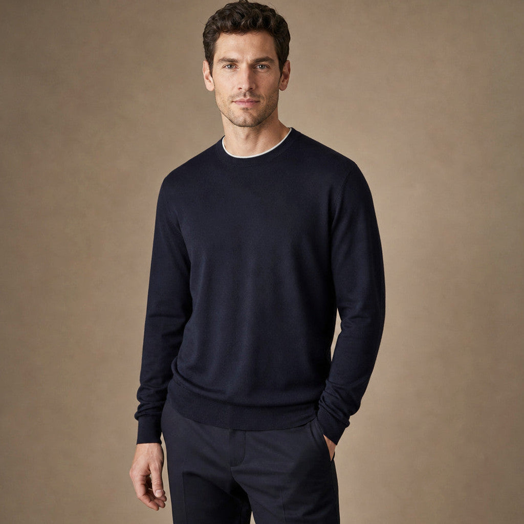 Oisin | Crewneck Jumper Cotton-Silk Fine Knit Deep Navy – Side Angle View
