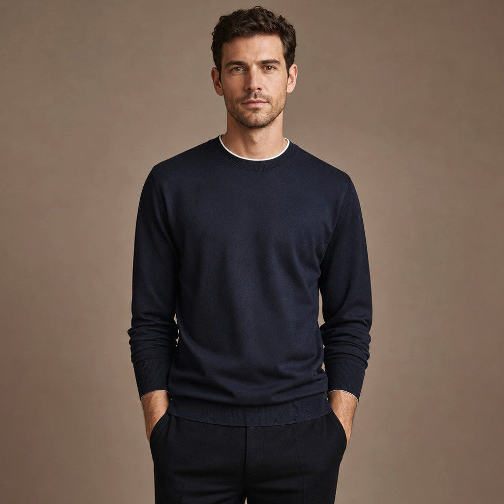 Oisin | Crewneck Jumper Cotton-Silk Fine Knit Deep Navy – Product Photo