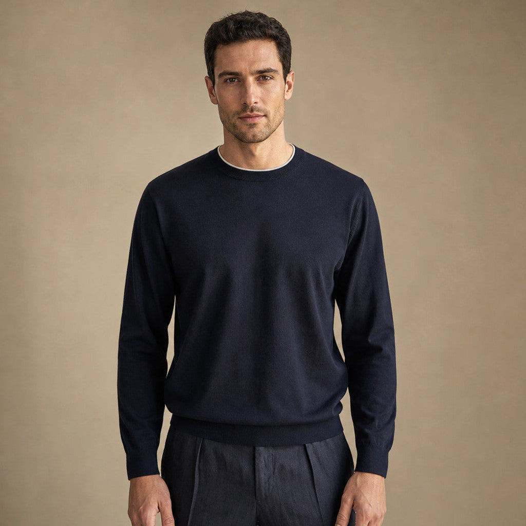 Oisin | Crewneck Jumper Cotton-Silk Fine Knit in Deep Navy – Premium Editorial