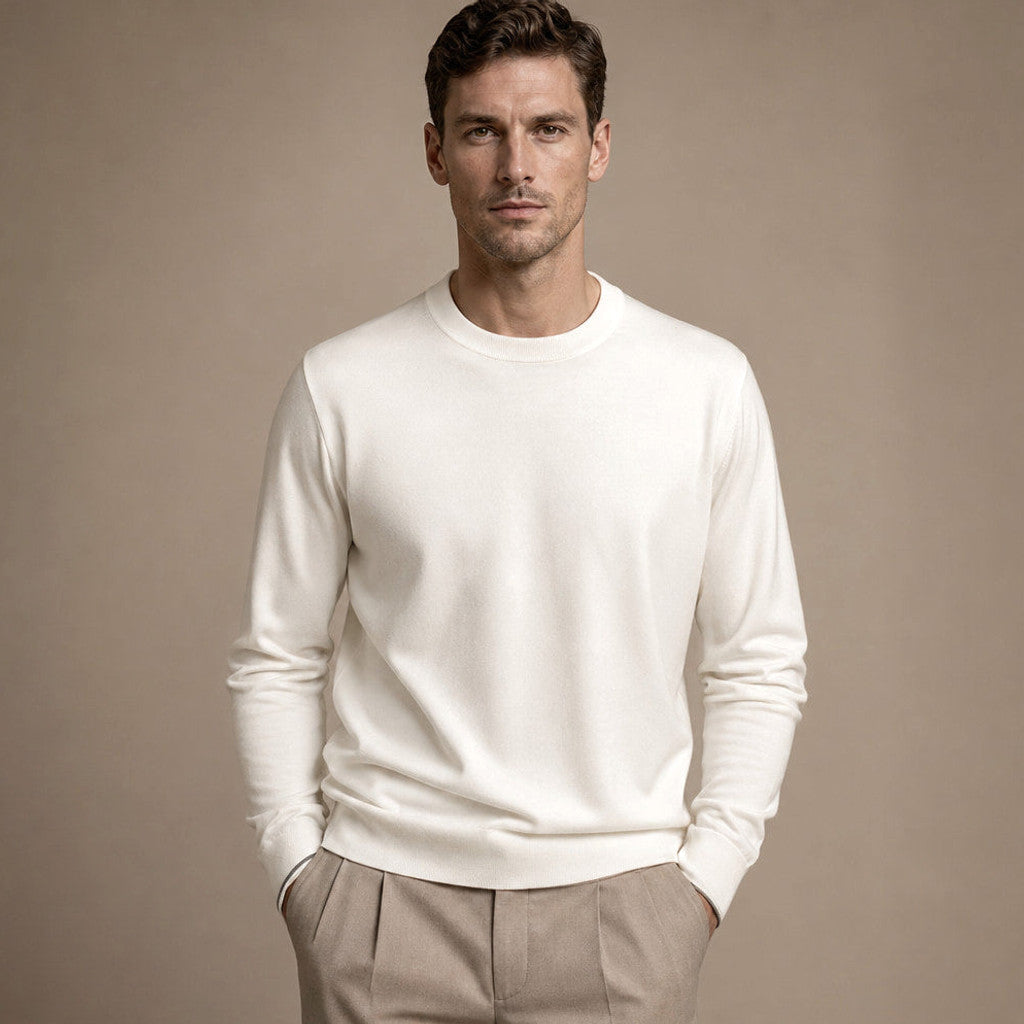 Oisin | Crewneck Jumper Cotton-Silk Fine Knit Ivory – Product Photo