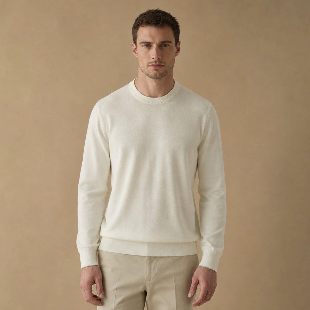 Oisin | Crewneck Jumper Cotton-Silk Fine Knit in Ivory – Premium Editorial