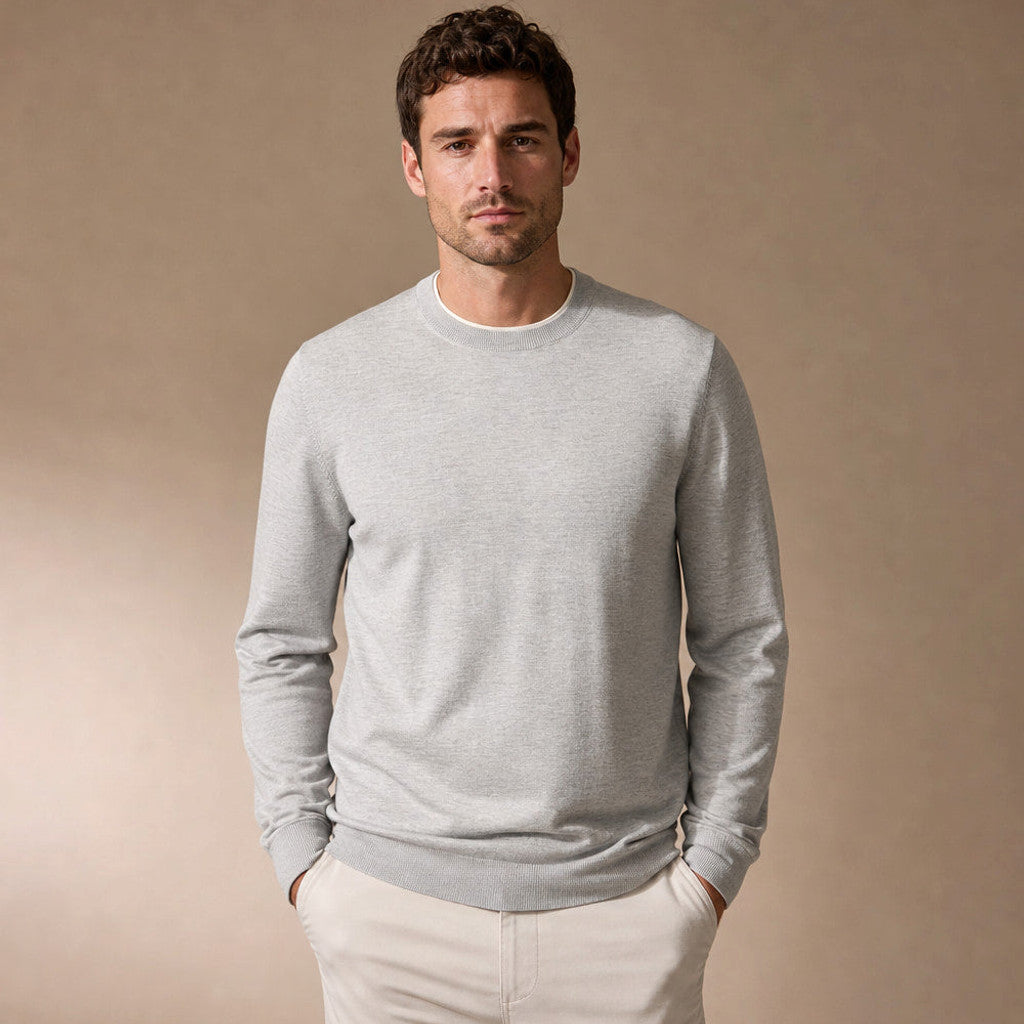 Oisin | Crewneck Jumper Cotton-Silk Fine Knit Light Gray – Product Photo