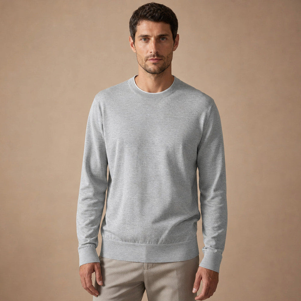 Oisin | Crewneck Jumper Cotton-Silk Fine Knit in Light Gray – Premium Editorial
