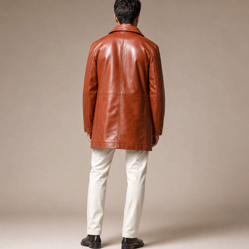 Orion | Leather Pea Coat Notch Lapel Brown – Product Photo