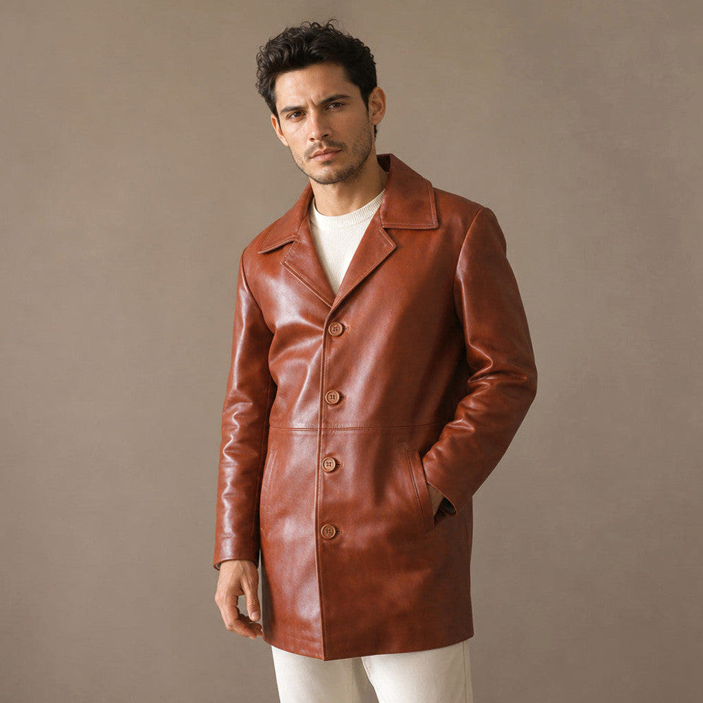 Orion | Leather Pea Coat Notch Lapel Brown – Product Photo