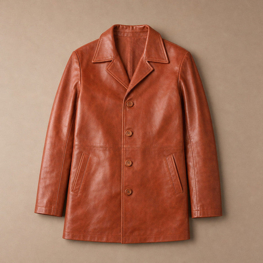 Orion | Leather Pea Coat Notch Lapel Brown – Product Photo