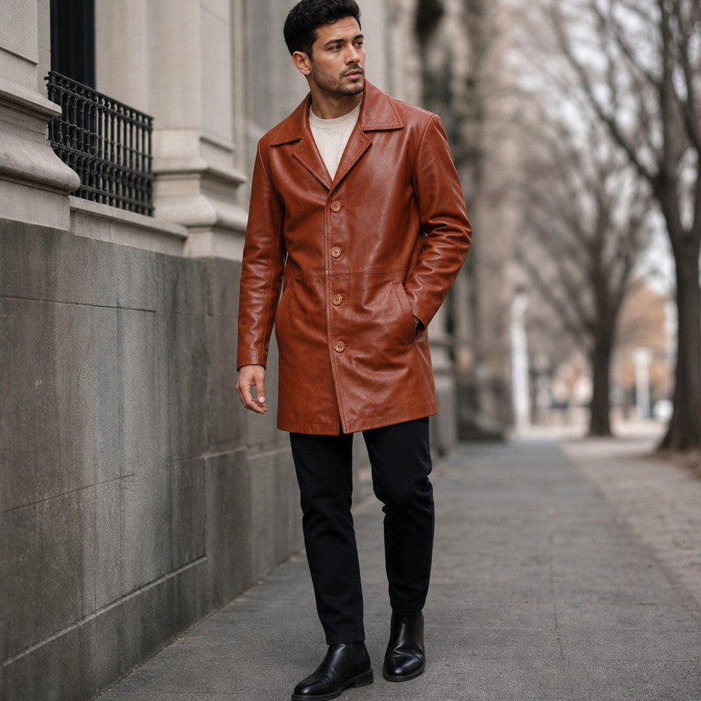 Orion | Leather Pea Coat Notch Lapel Brown – Product Photo