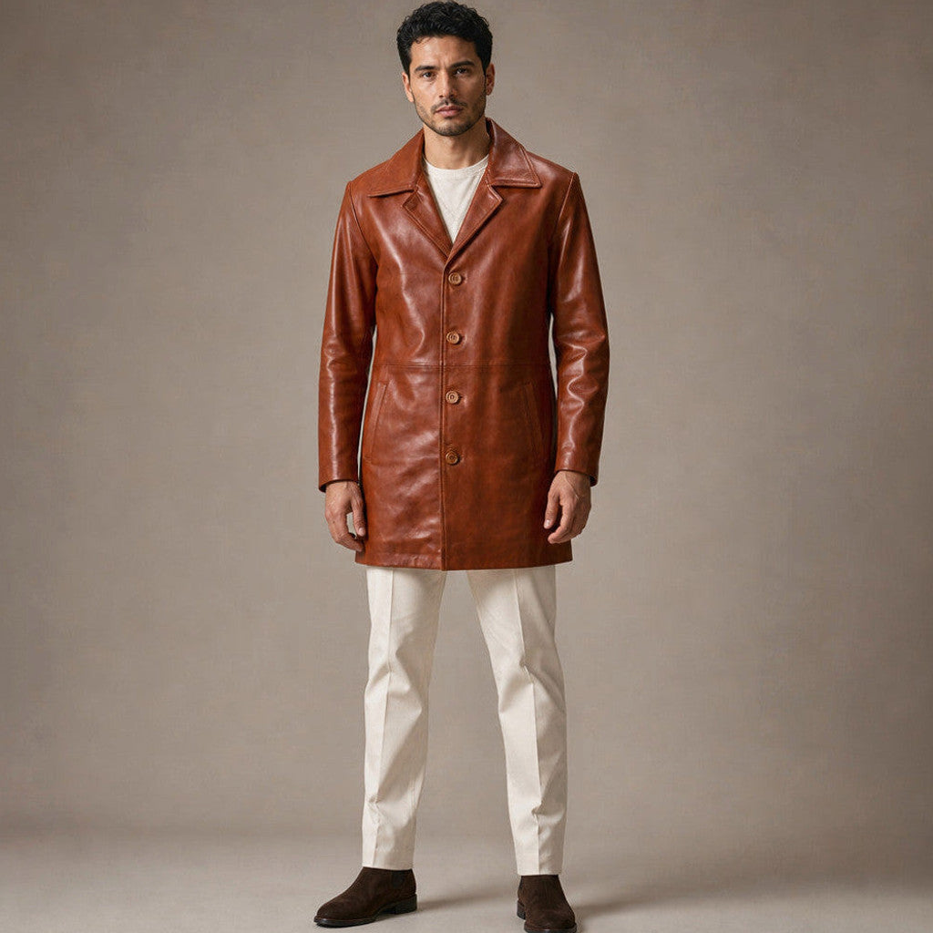 Brown leather pea coat with notch lapel and longline hem