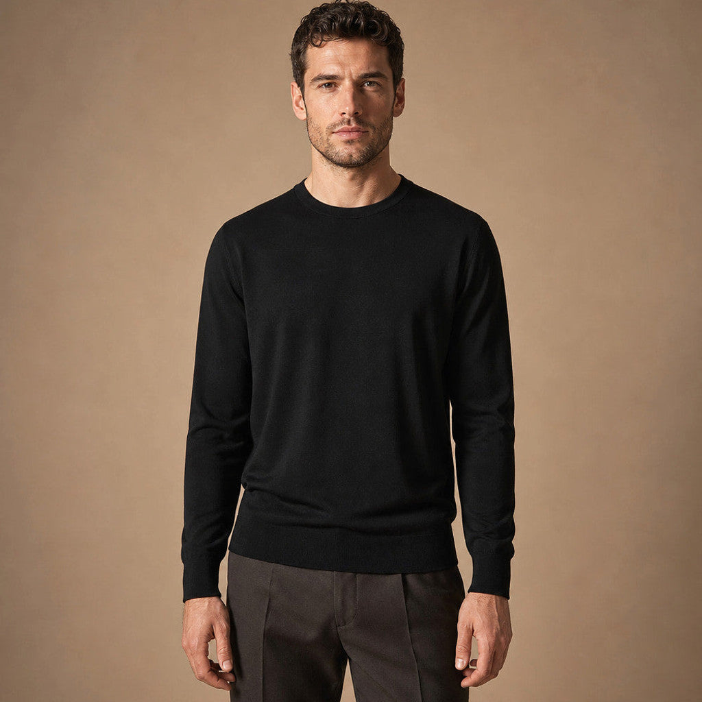 Ormond | Crewneck Jumper Fine Gauge Wool in Black – Premium Editorial