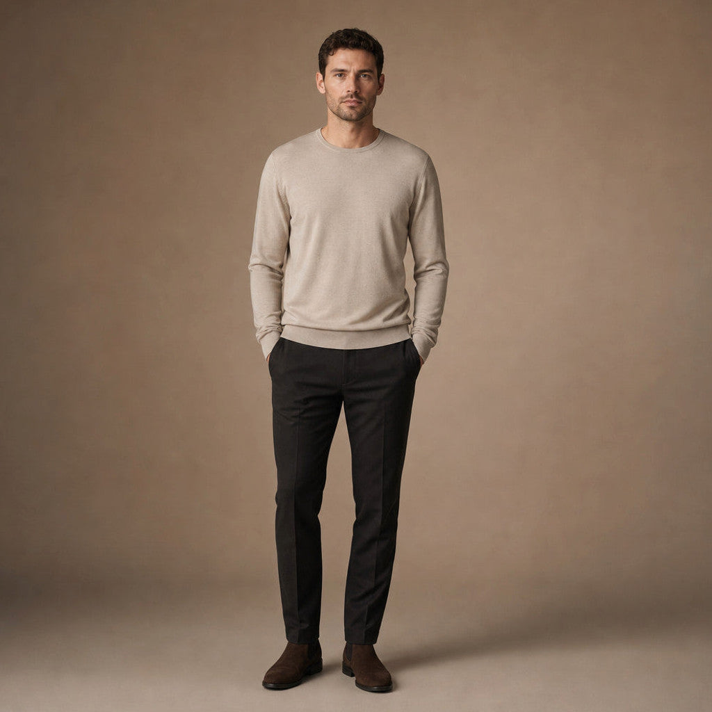 Ormond | Crewneck Jumper Fine Gauge Wool Champagne – Full Look