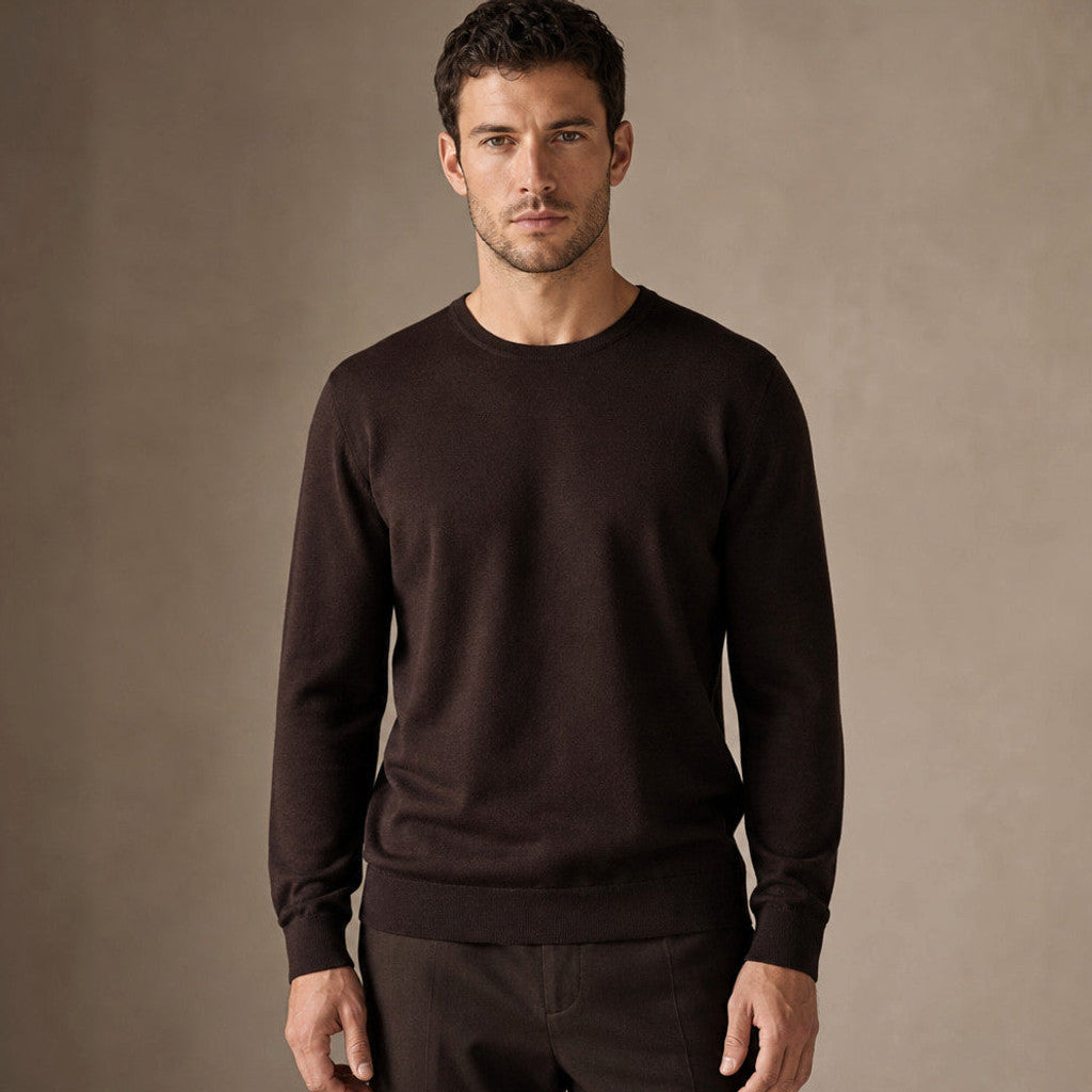 Ormond | Crewneck Jumper Fine Gauge Wool in Dark Brown – Premium Editorial