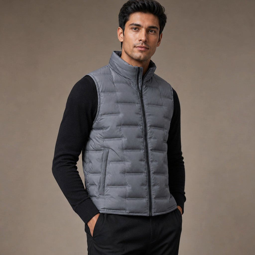 Orson | Puffer Vest Stand Collar Down Fill Grey – Side Angle View