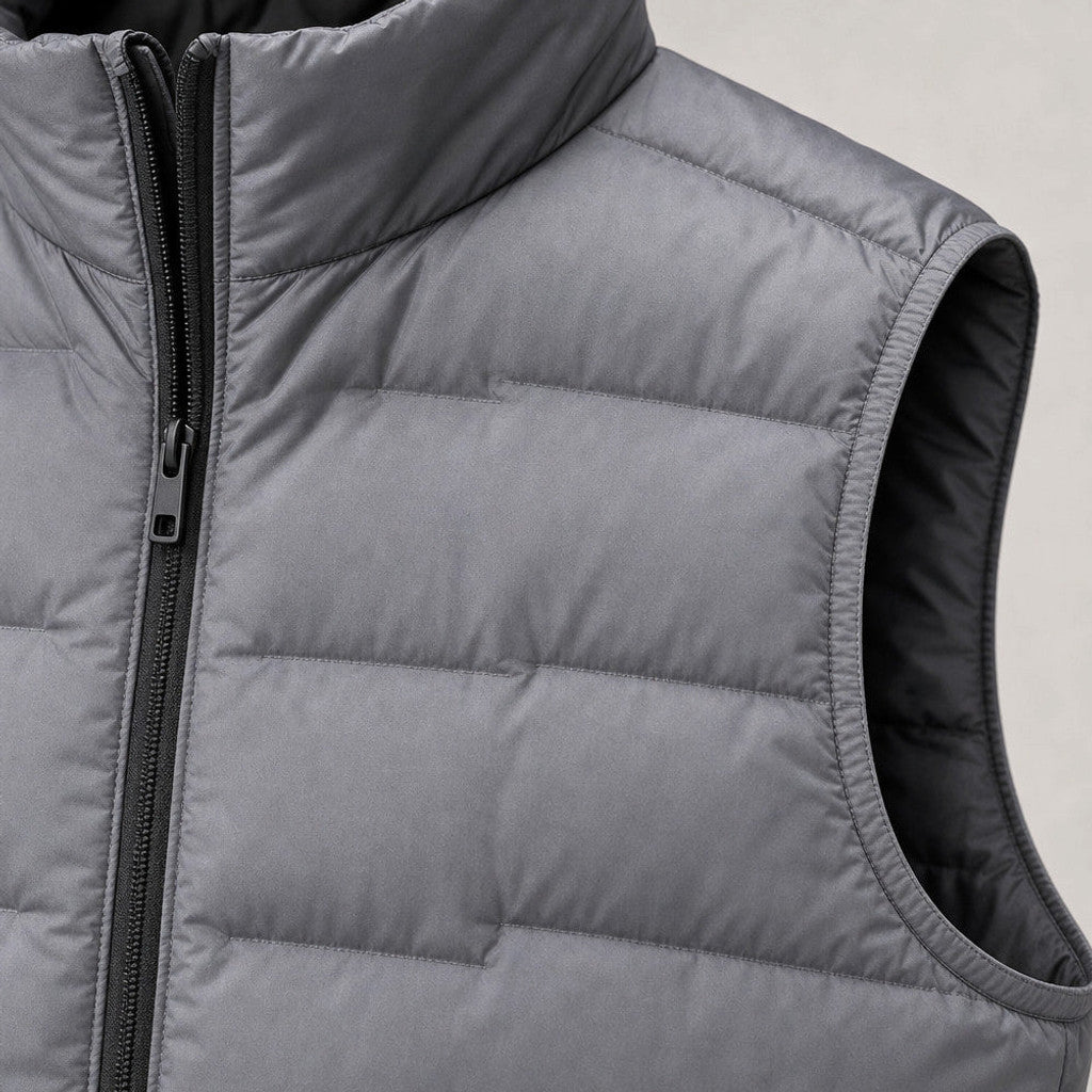 Orson | Puffer Vest Stand Collar Down Fill Grey – Fabric and Detail Close-Up