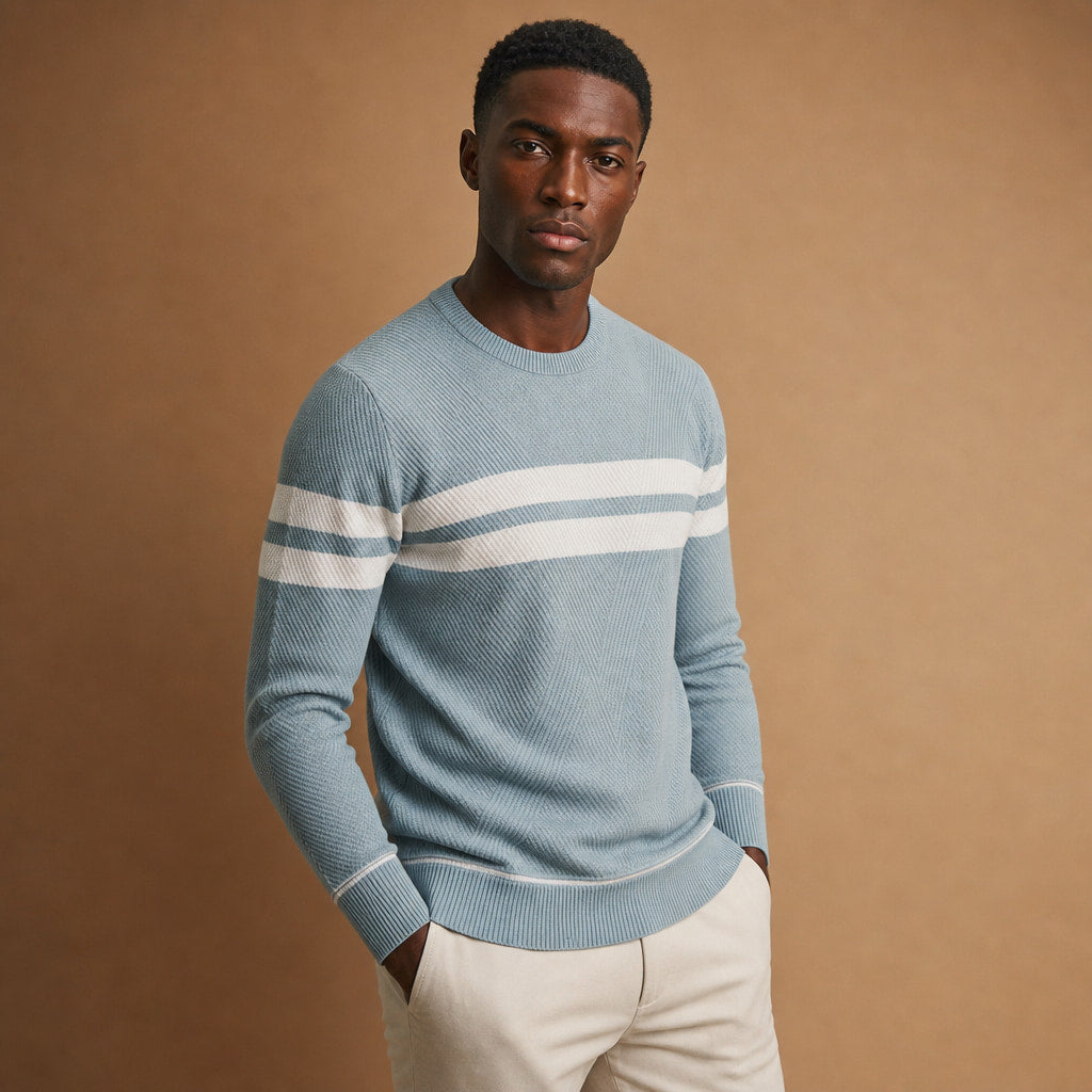 Crew Neck Jumper Textured Knit Blue – Side Angle View