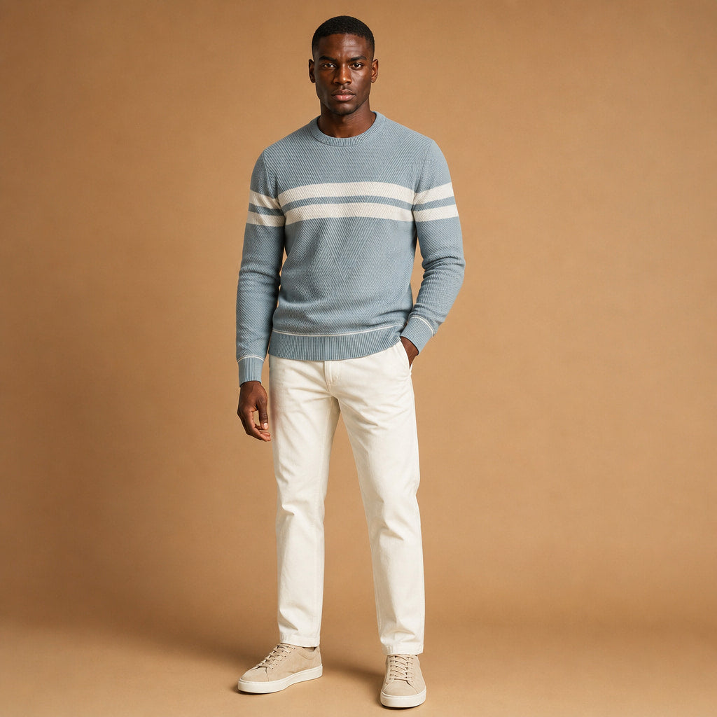 Crew Neck Jumper Textured Knit Blue – Full Look