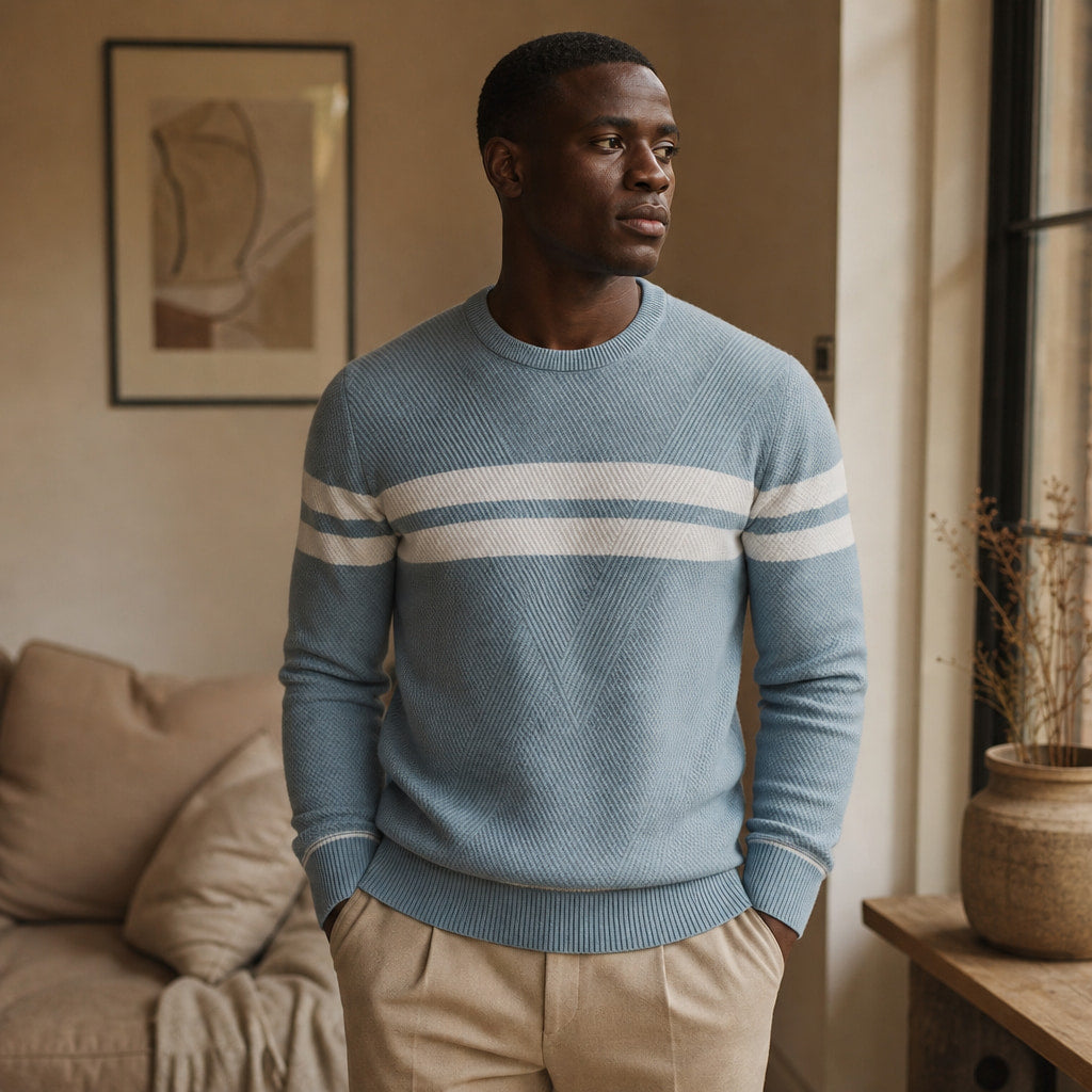 Crew Neck Jumper Textured Knit Blue – Styled Editorial Shot