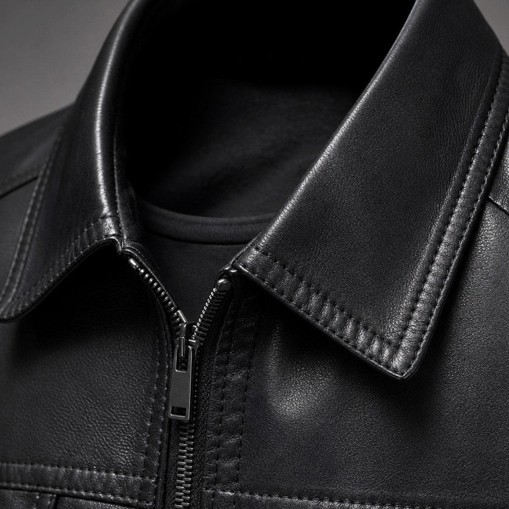 Orville | Biker Jacket Leather Slim Fit Black Black – Fabric and Detail Close-Up