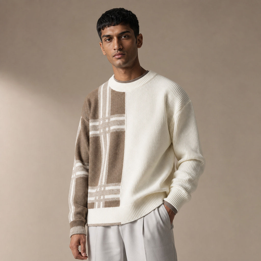 Patchwork Crew Neck Jumper Colour Block Beige – Side Angle View