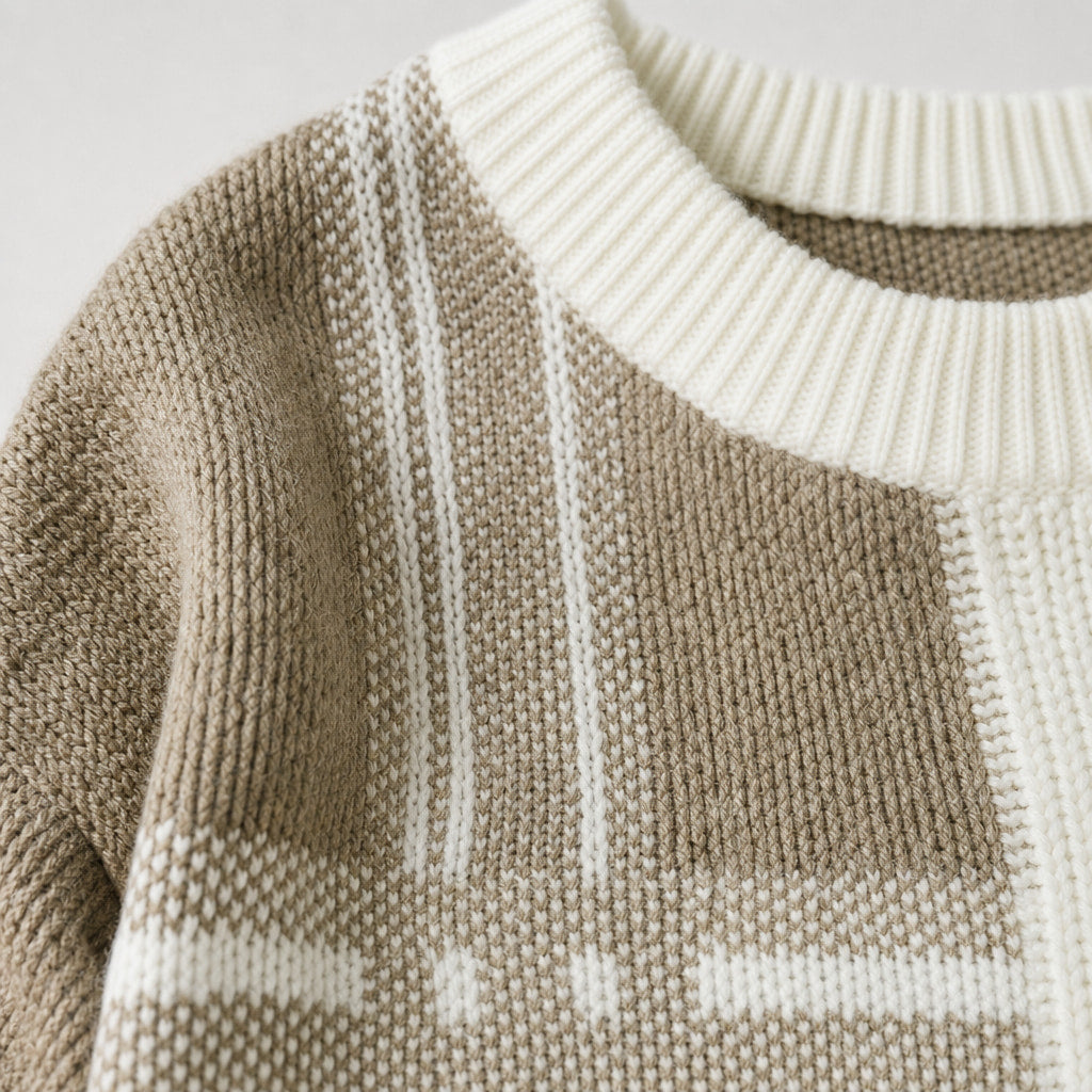 Patchwork Crew Neck Jumper Colour Block Beige – Fabric and Detail Close-Up