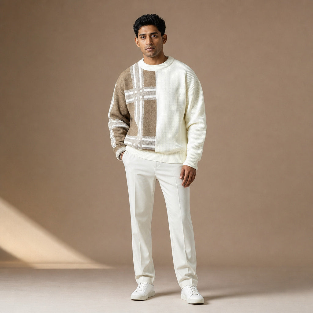 Patchwork Crew Neck Jumper Colour Block Beige – Full Look