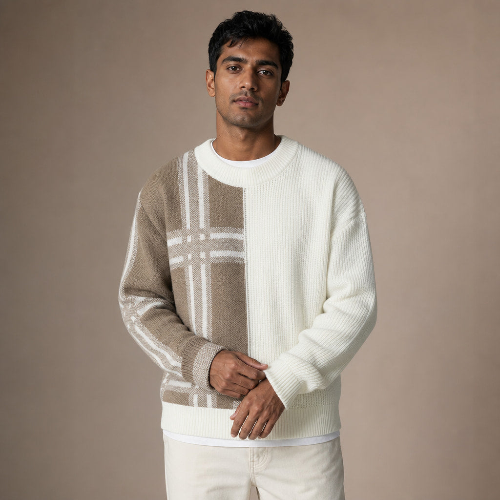 Patchwork Crew Neck Jumper Colour Block Beige – Product Photo
