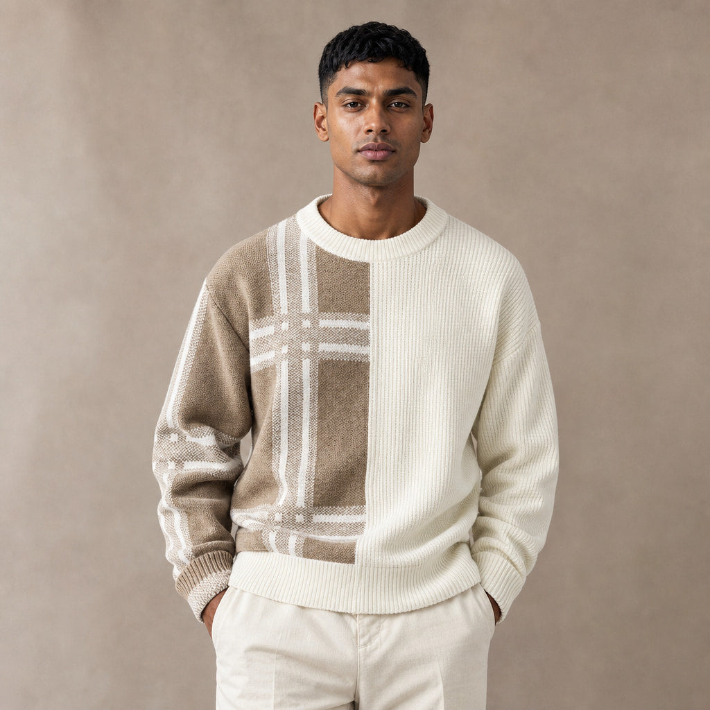 Patchwork Crew Neck Jumper Colour Block in Beige – Tomosino Premium Menswear