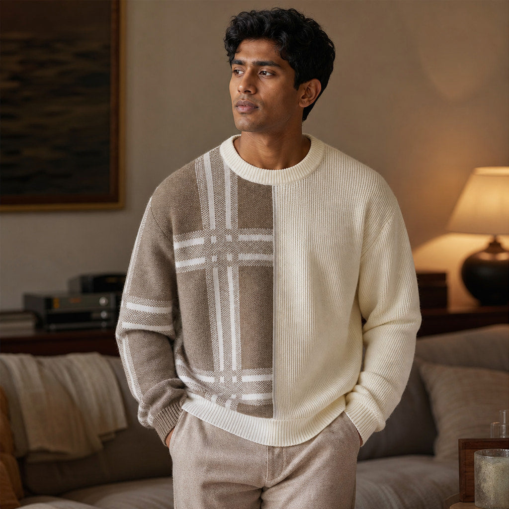 Patchwork Crew Neck Jumper Colour Block Beige – Styled Editorial Shot