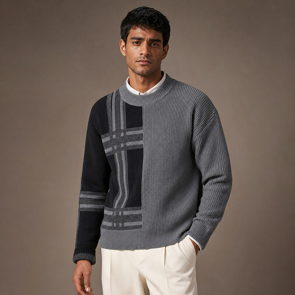 Patchwork Crew Neck Jumper Colour Block Dark Grey – Product Photo