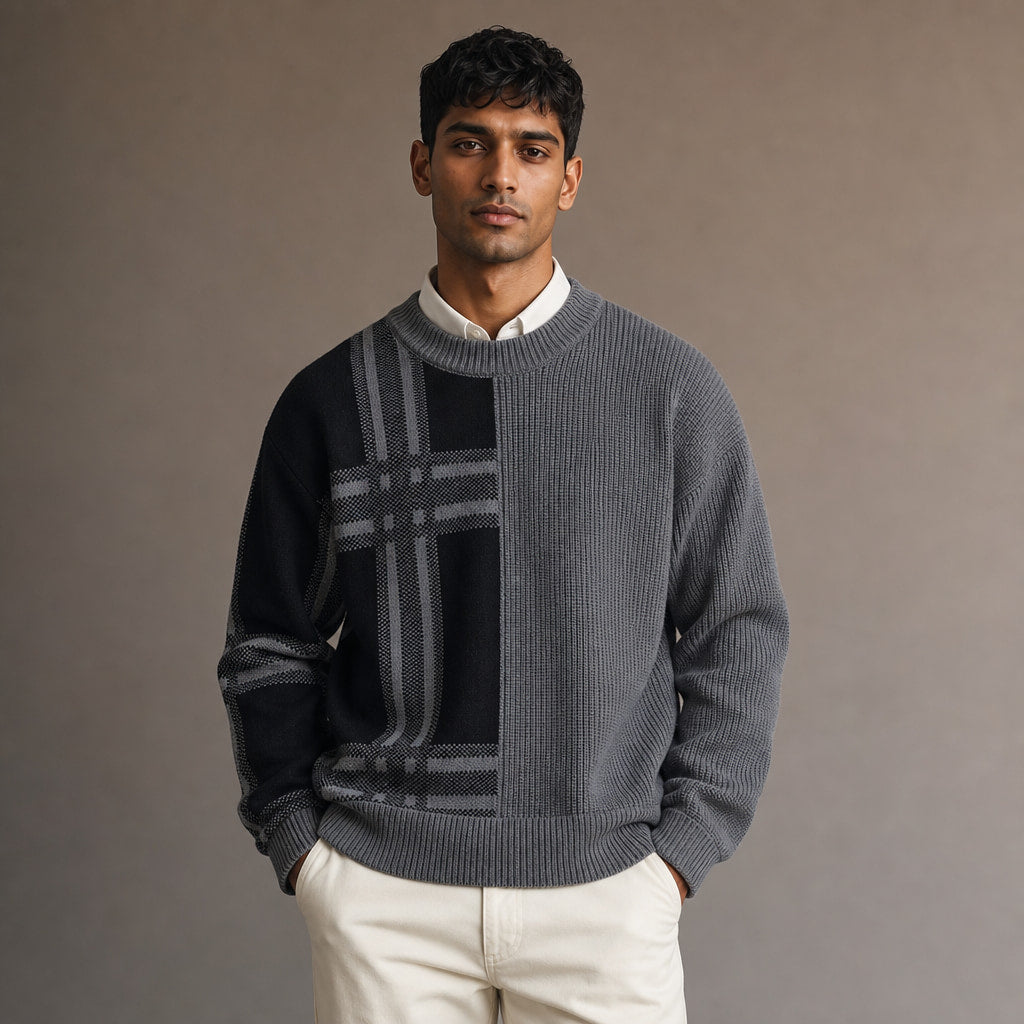 Patchwork Crew Neck Jumper Colour Block in Dark Grey – Tomosino Premium Menswear