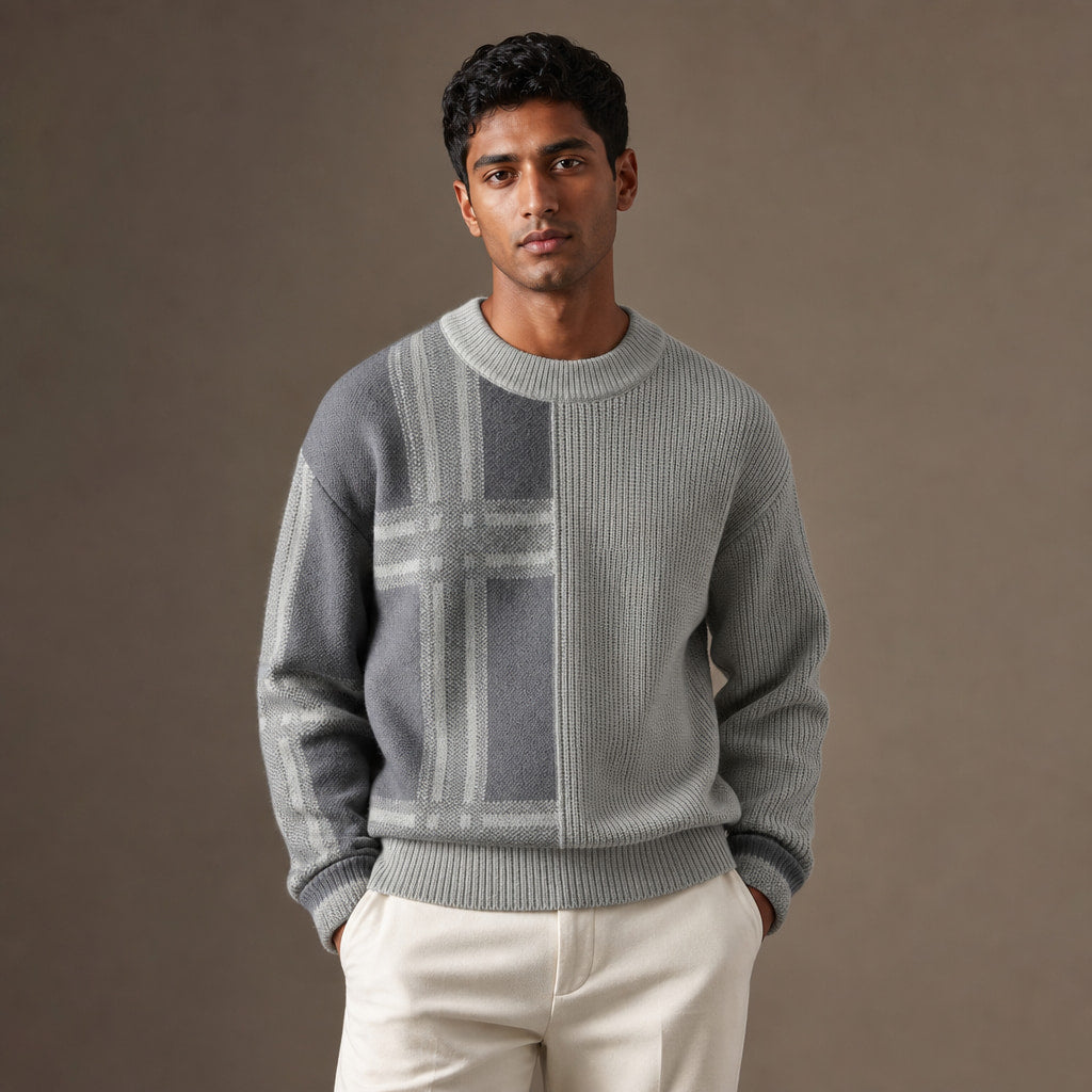 Patchwork Crew Neck Jumper Colour Block Light Grey – Product Photo
