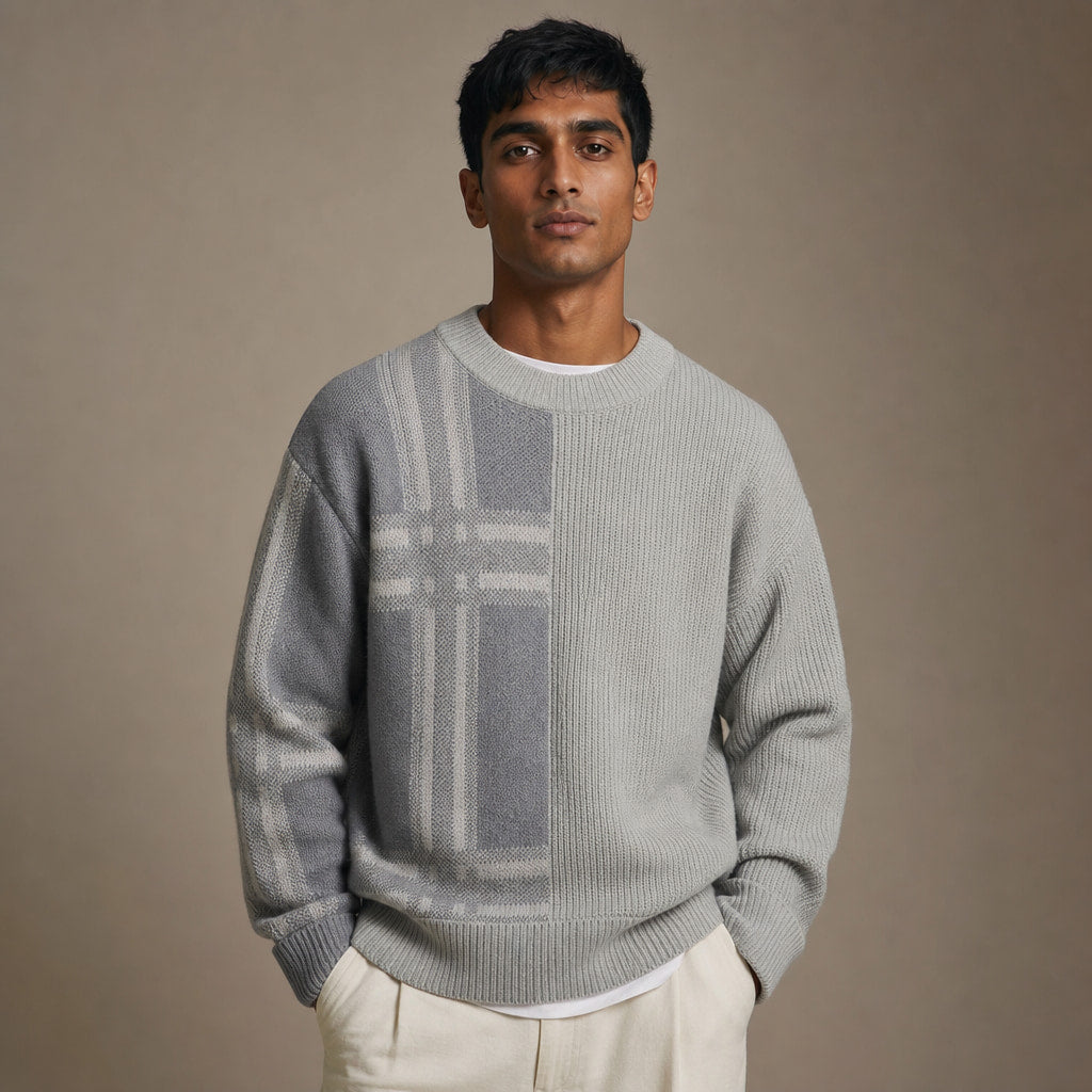 Patchwork Crew Neck Jumper Colour Block in Light Grey – Tomosino Premium Menswear