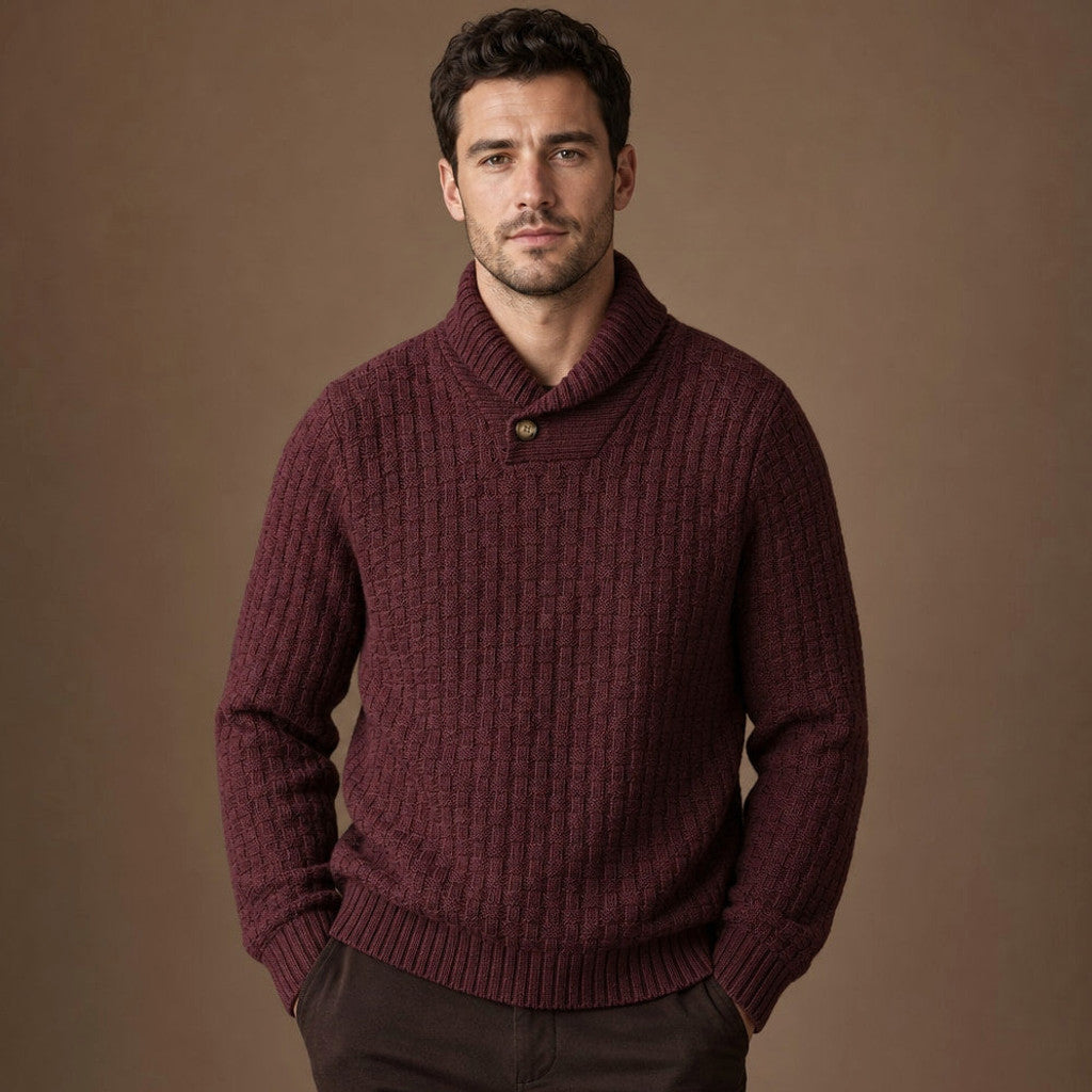 Pelham | Shawl Collar Jumper Basket Weave Knit in Burgundy – Premium Editorial