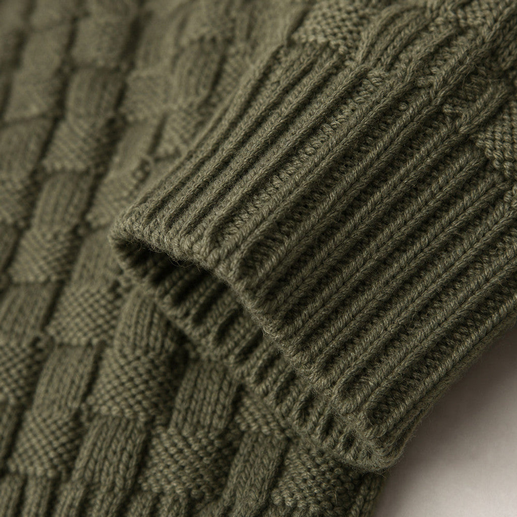 Pelham | Shawl Collar Jumper Basket Weave Knit Military Green – Fabric and Detail Close-Up