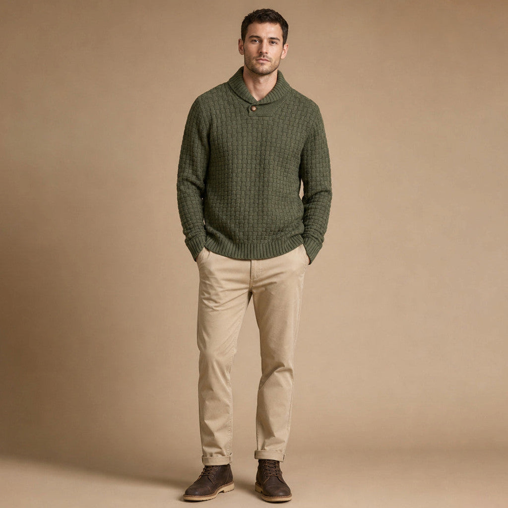 Pelham | Shawl Collar Jumper Basket Weave Knit Military Green – Full Look