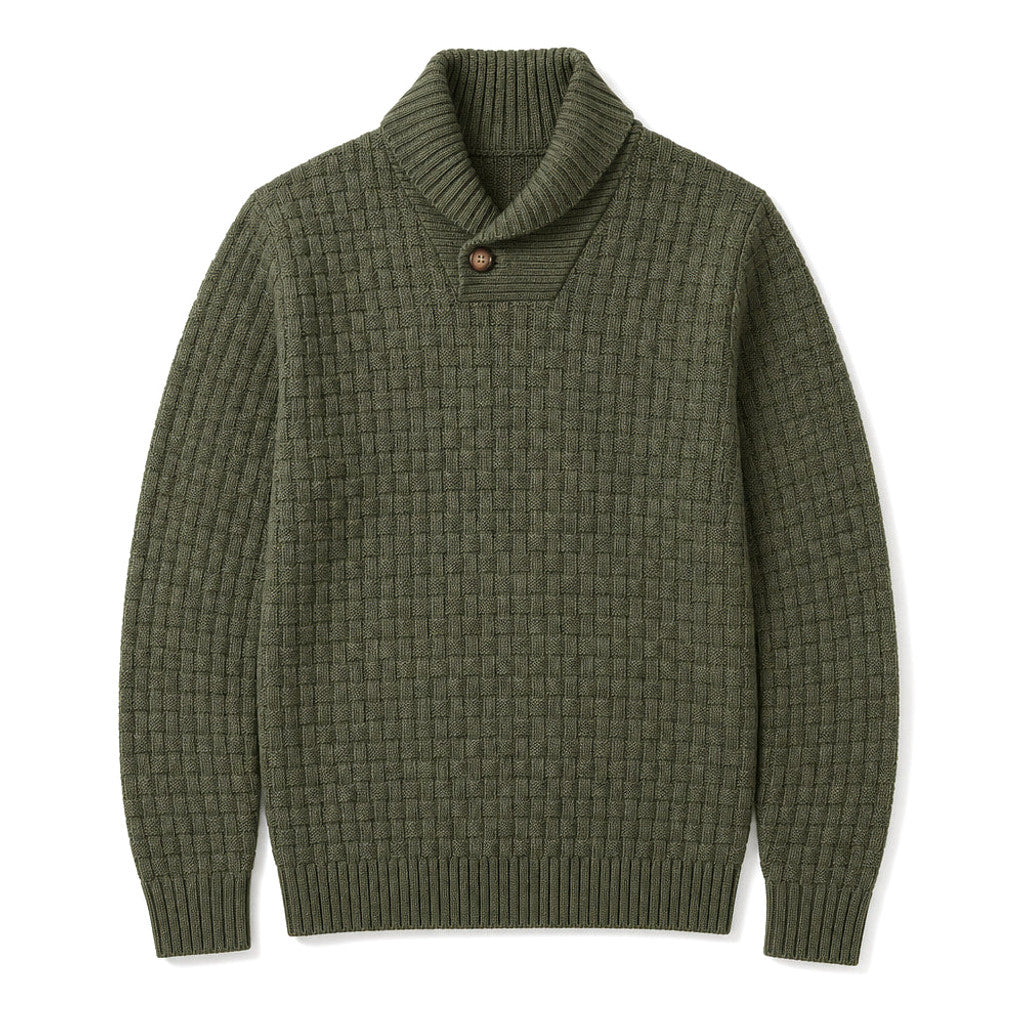 Pelham | Shawl Collar Jumper Basket Weave Knit Military Green – Product Photo