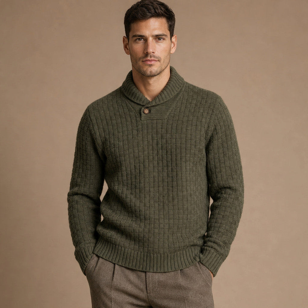 Pelham | Shawl Collar Jumper Basket Weave Knit in Military Green – Premium Editorial