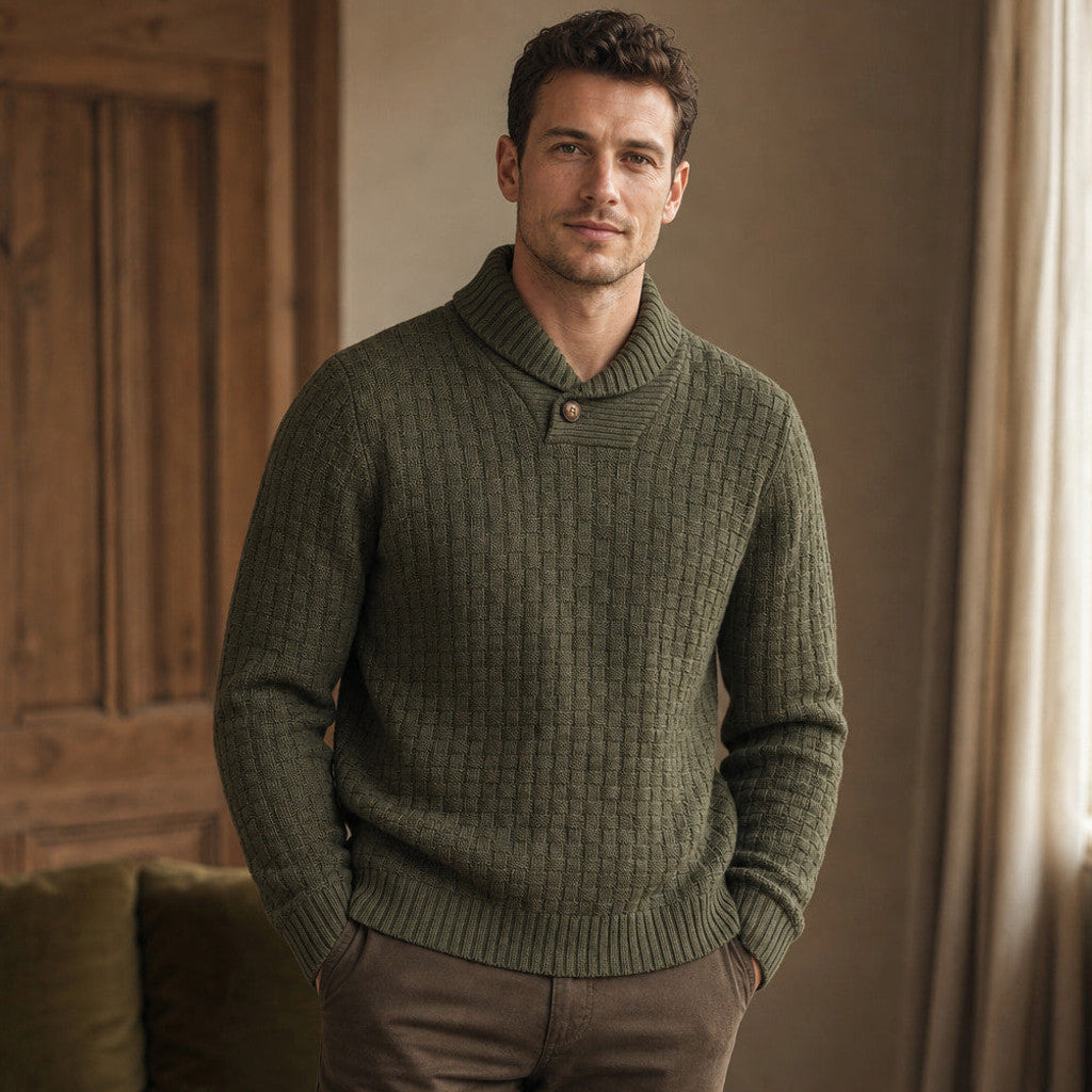 Pelham | Shawl Collar Jumper Basket Weave Knit Military Green – Styled Editorial Shot