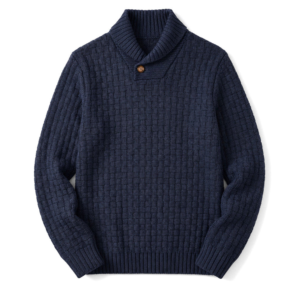 Pelham | Shawl Collar Jumper Basket Weave Knit Navy – Product Photo